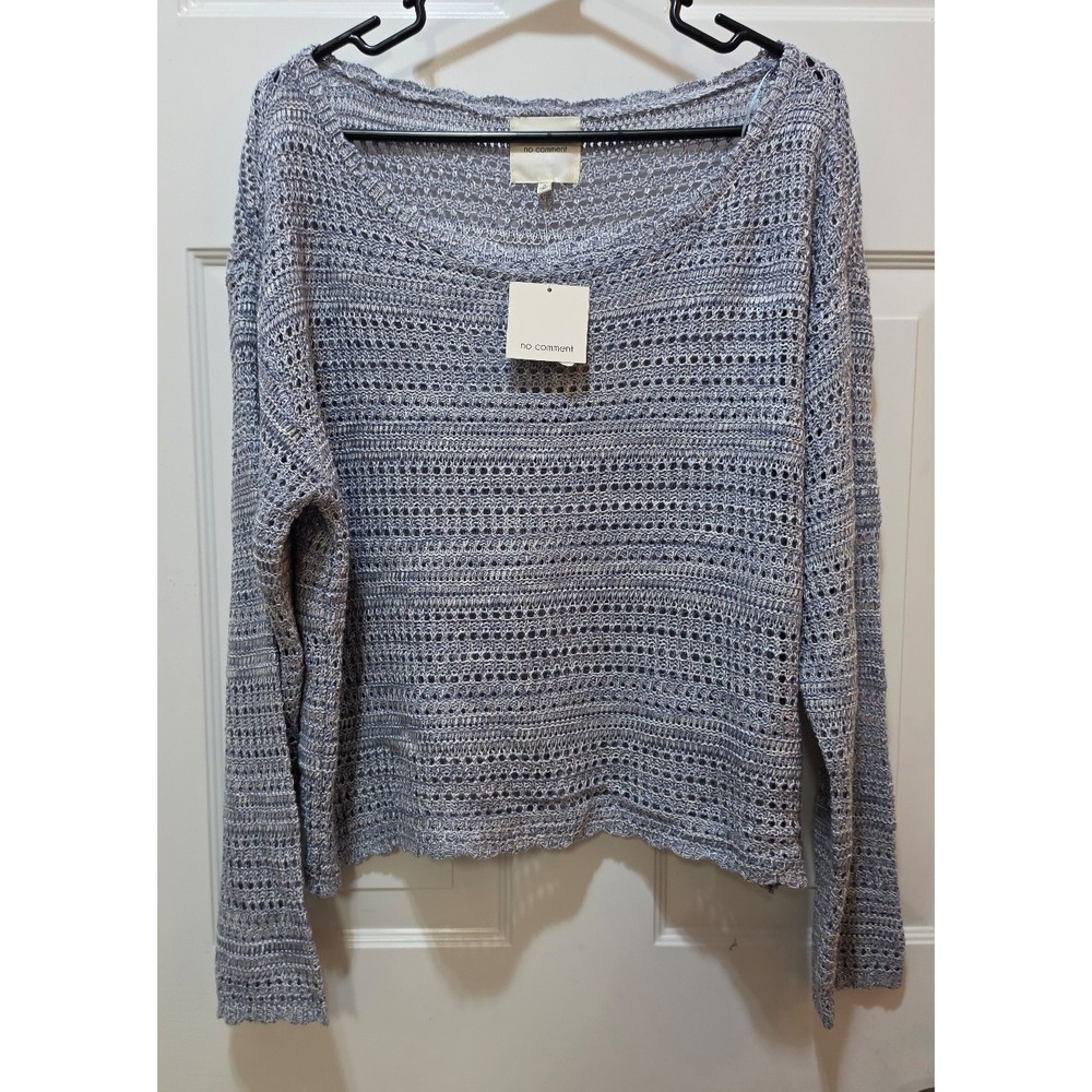 NWT No Comment Blue & White Open Knit Crochet Pullover Sweater – Size XL Boho
